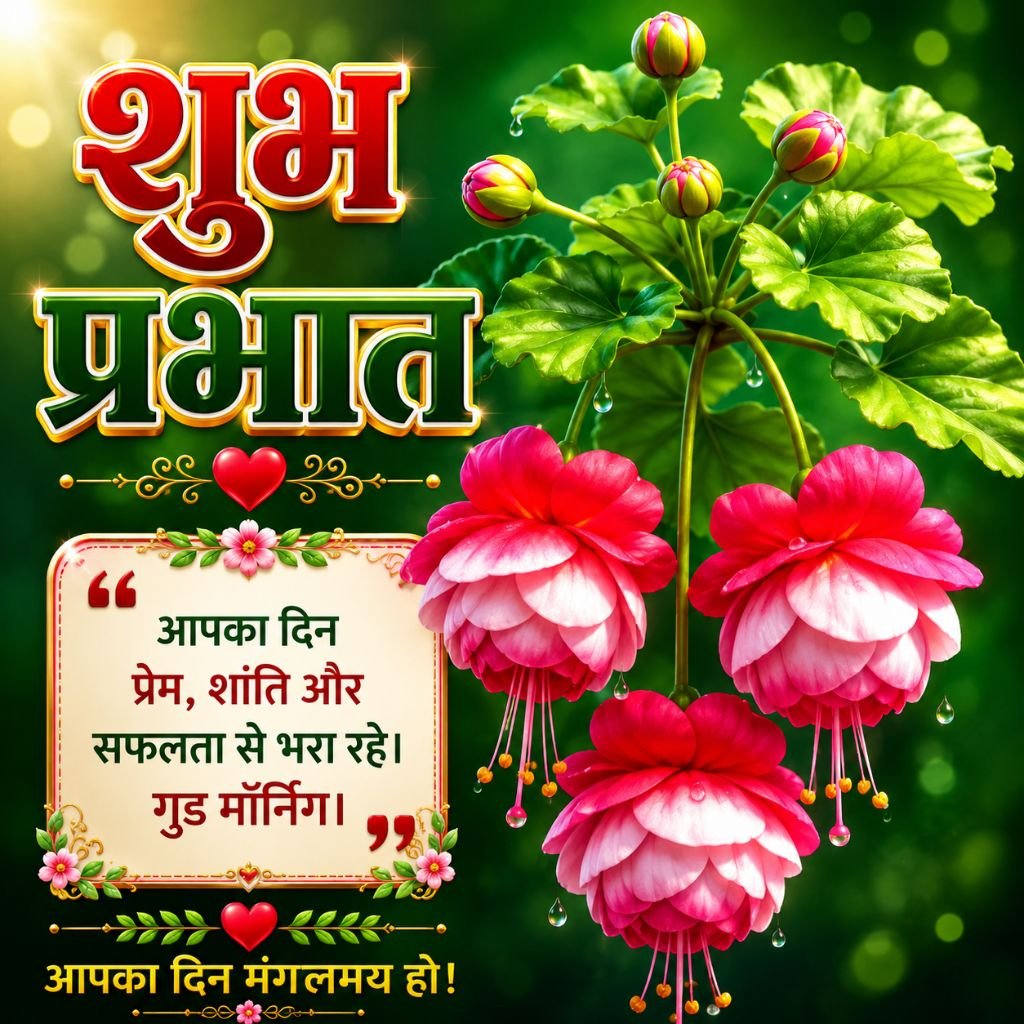 Pink Blossom Good Morning Image with Hindi Quote