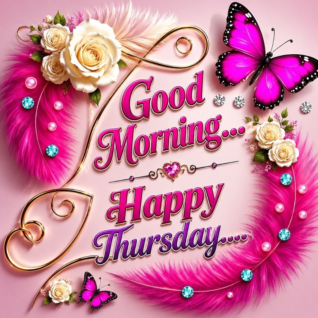 Pink Good Morning Happy Thursday Wishes Image with Butterfly and Roses