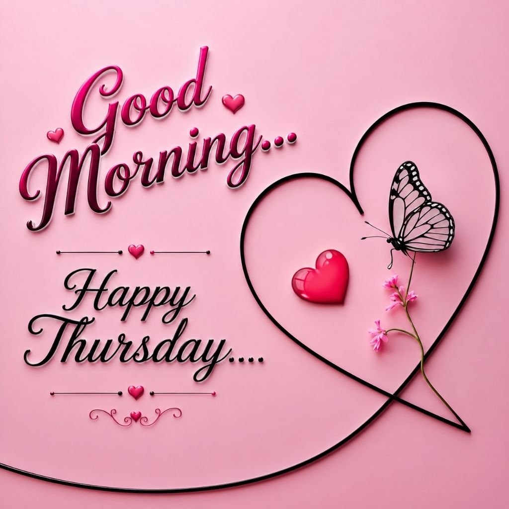 Pink Heart Good Morning Happy Thursday Image with Butterfly Design