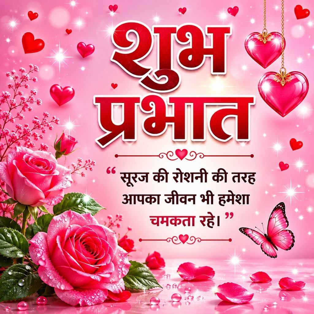 Pink Rose Good Morning Image with Hindi Inspirational Quote