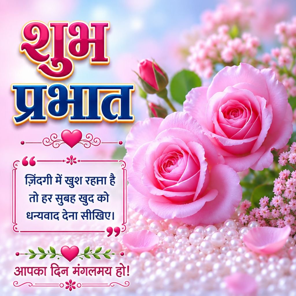 Pink Rose Good Morning Image with Inspirational Hindi Quote