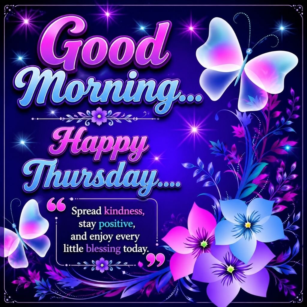 Purple Butterfly Good Morning Happy Thursday Image with Positive Quote