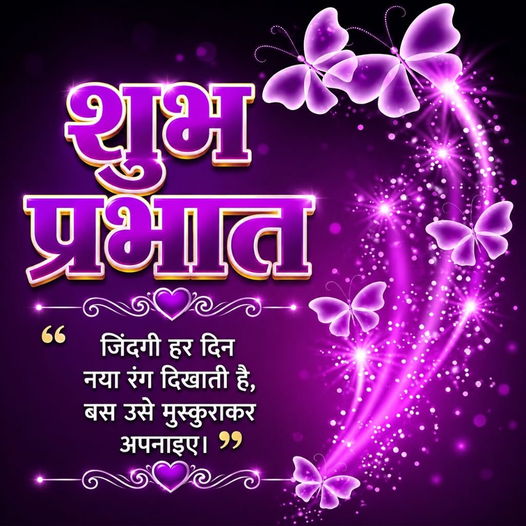 Purple Butterfly Good Morning Image with Hindi Quote