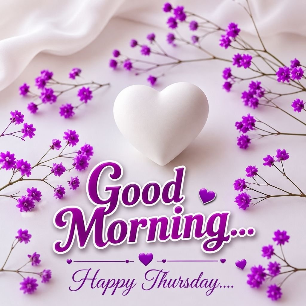 Purple Floral Good Morning Happy Thursday Image with White Heart