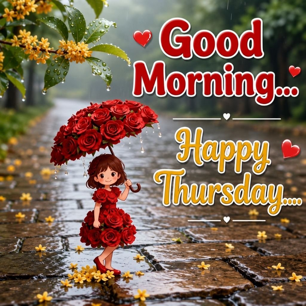 Rainy Day Good Morning Happy Thursday Rose Umbrella Image
