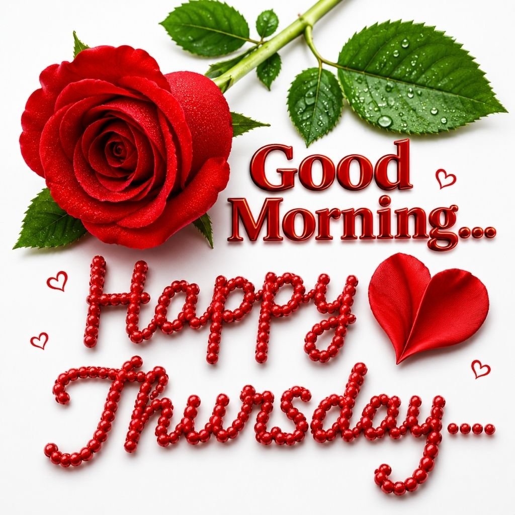 Red Rose Good Morning Happy Thursday Image with Heart Design
