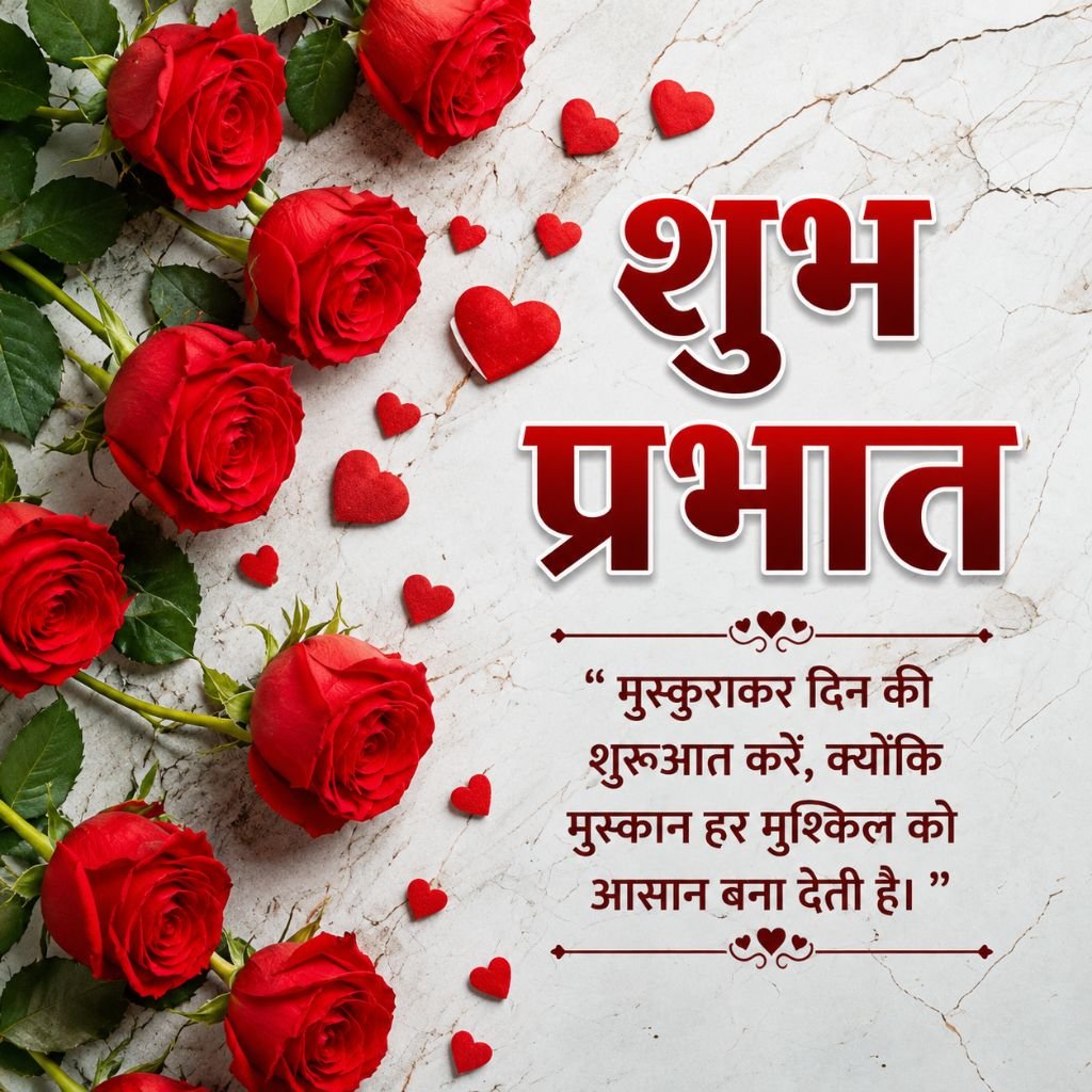 Red Rose Good Morning Image with Inspirational Hindi Quote