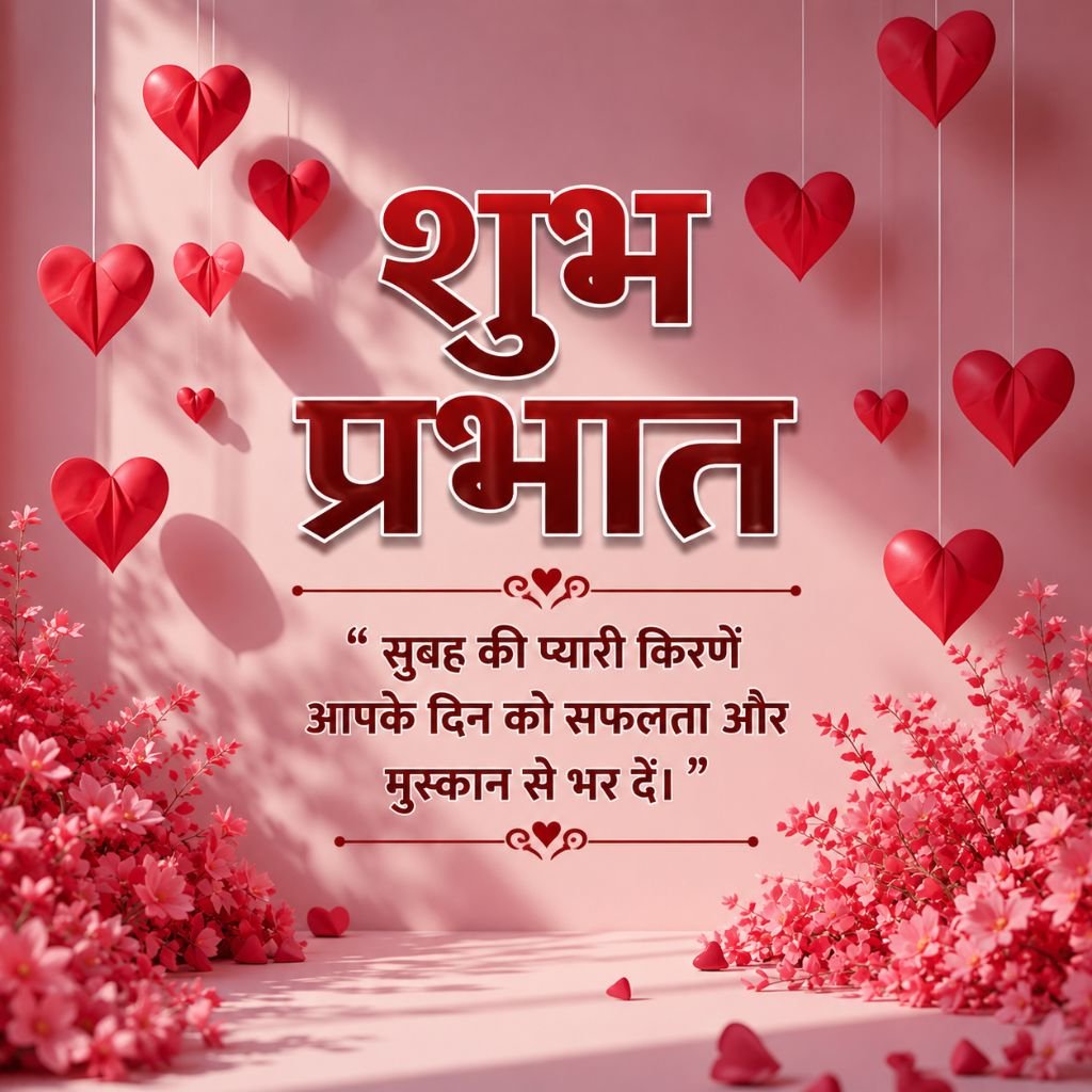 Romantic Good Morning Image with Hearts and Hindi Quote