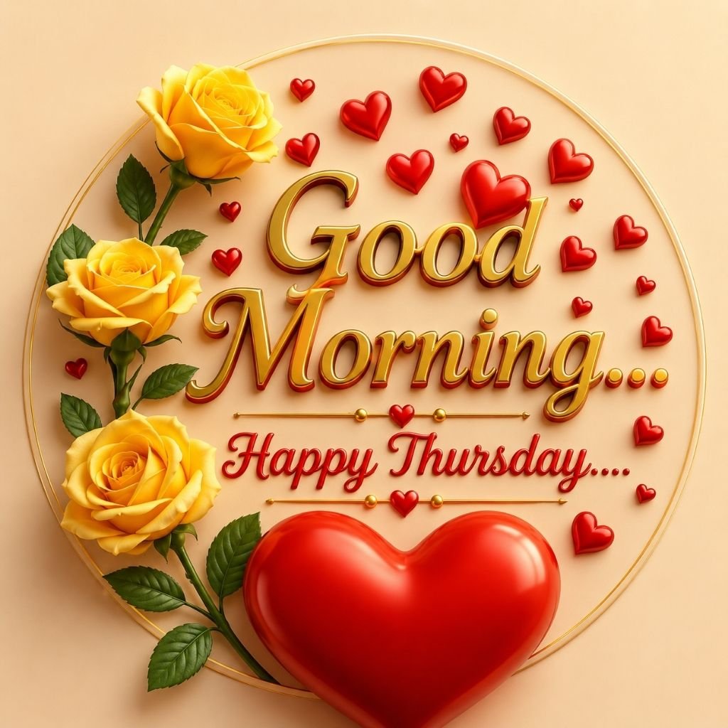 Yellow Rose Good Morning Happy Thursday Wishes Image with Heart Design
