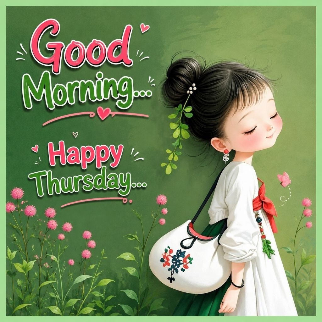 a cute animated girl Green Theme Good Morning Happy Thursday Wishes Image