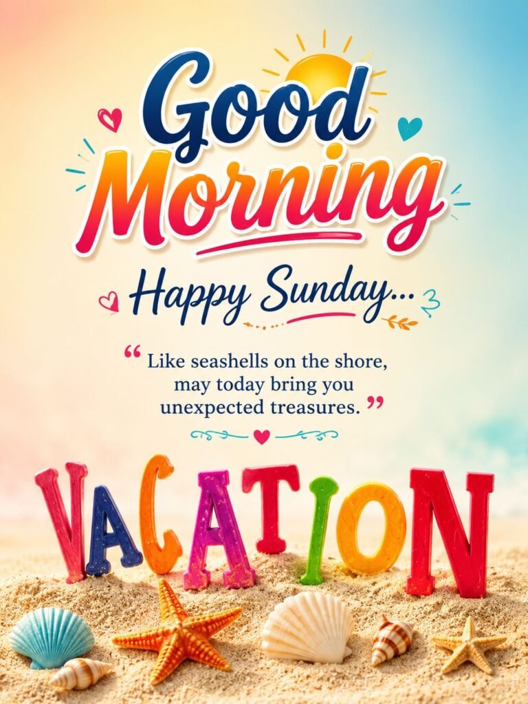 beach vacation wishes, seashell quote and tropical morning greetings