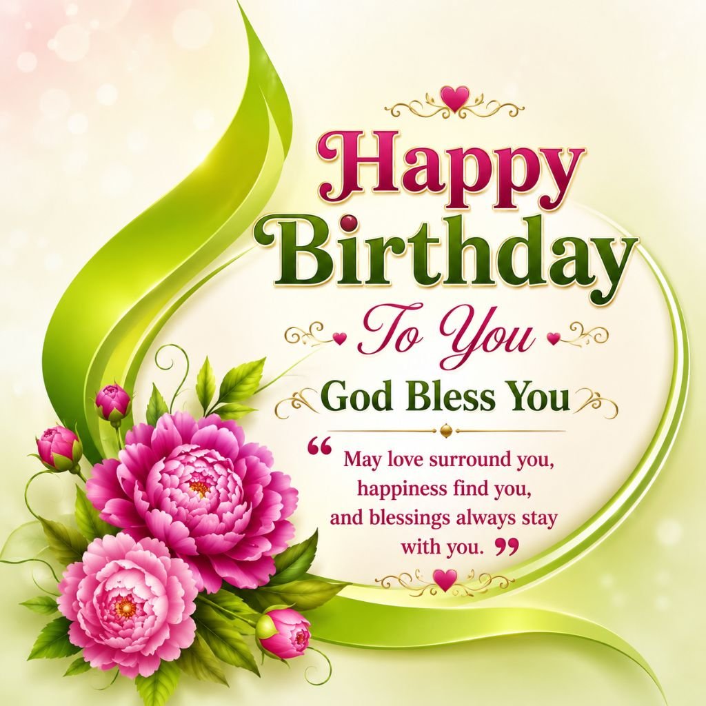 beautiful birthday blessings card with pink flowers
