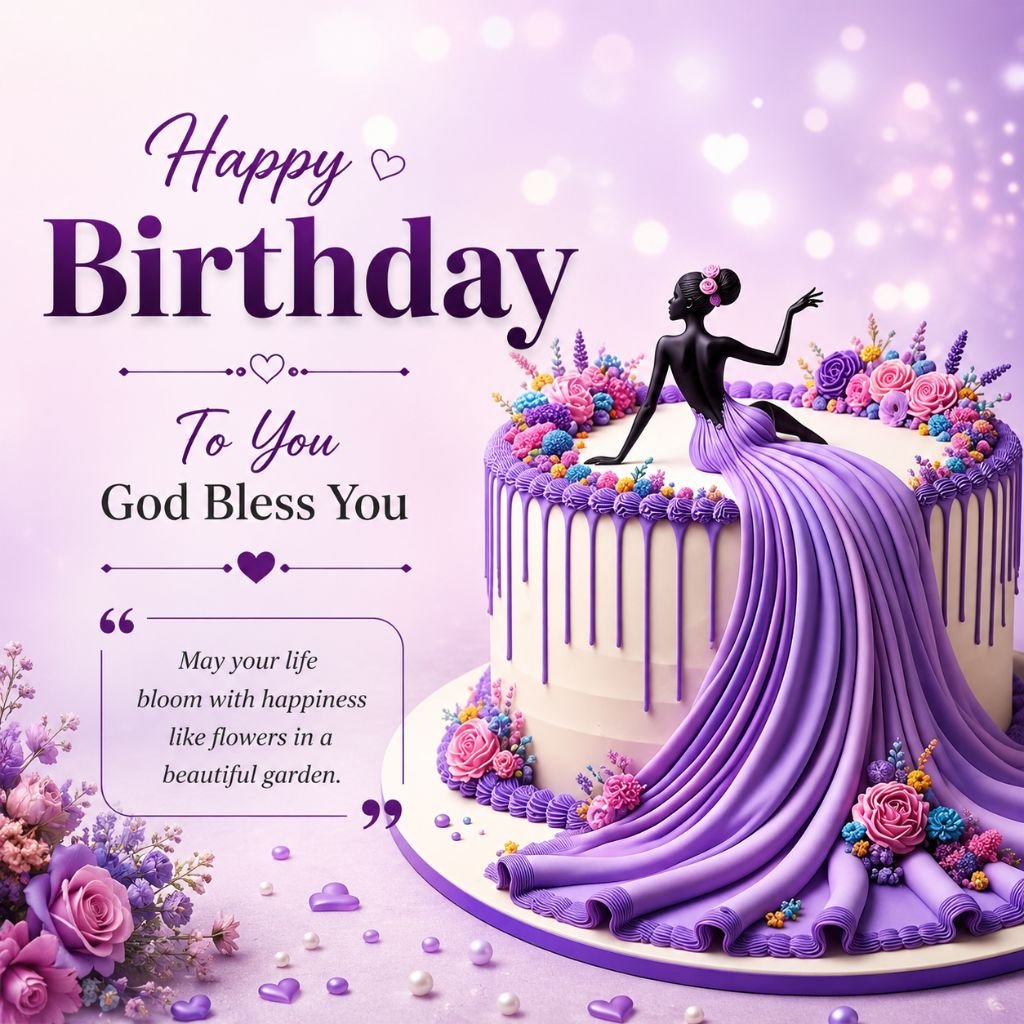 beautiful gown-inspired purple birthday cake image with birthday blessings