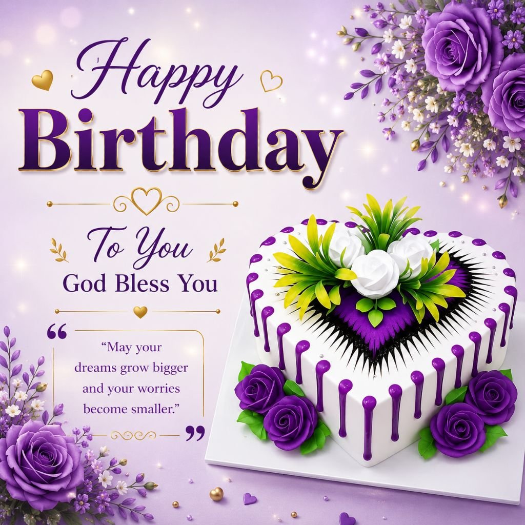 birthday wishes with purple heart shaped floral cake image