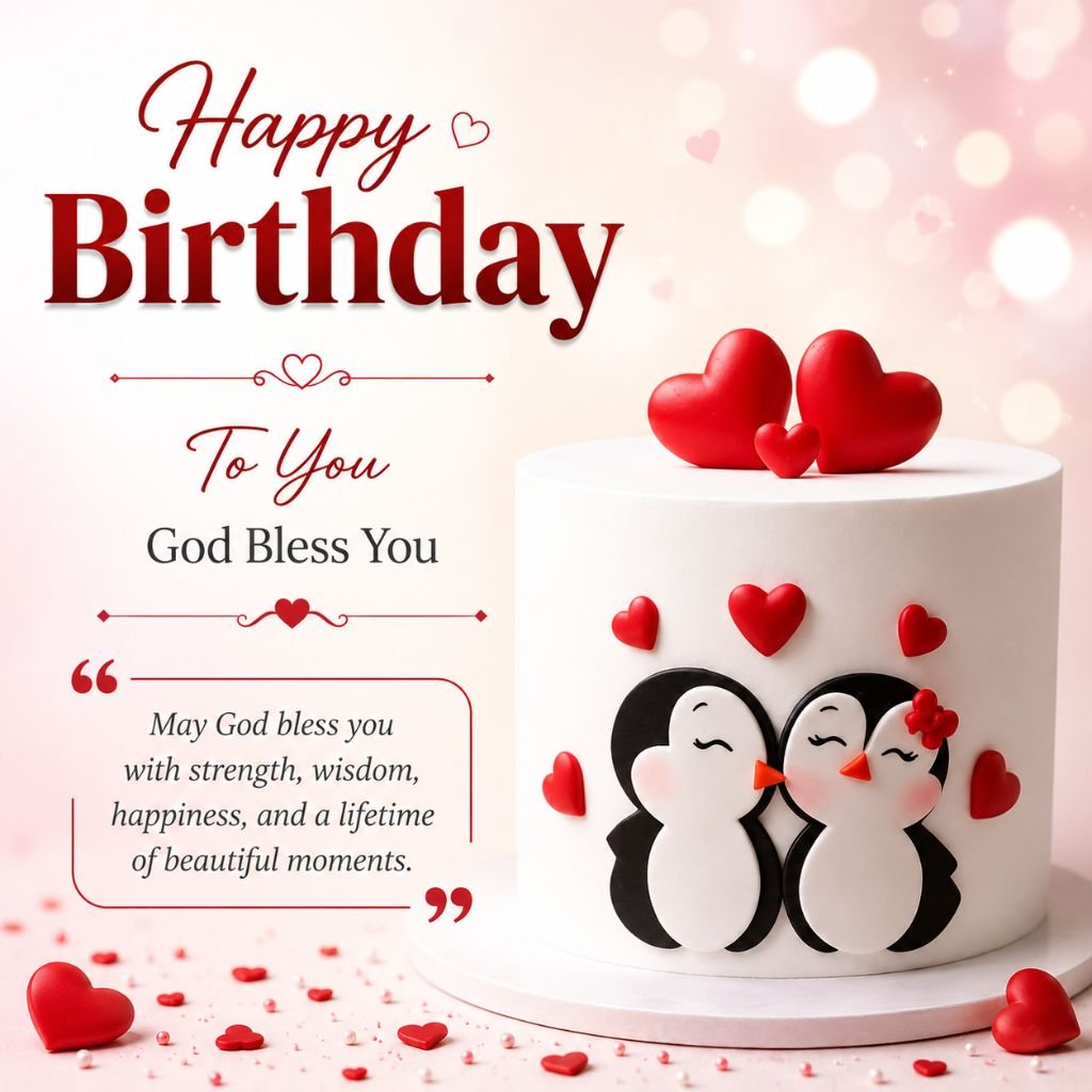 cute birthday penguin cake image with blessings