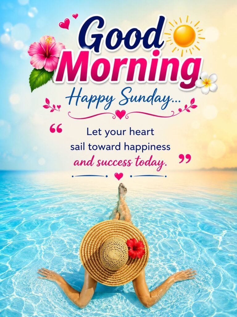 good morning happy sunday wishes with tropical pool view