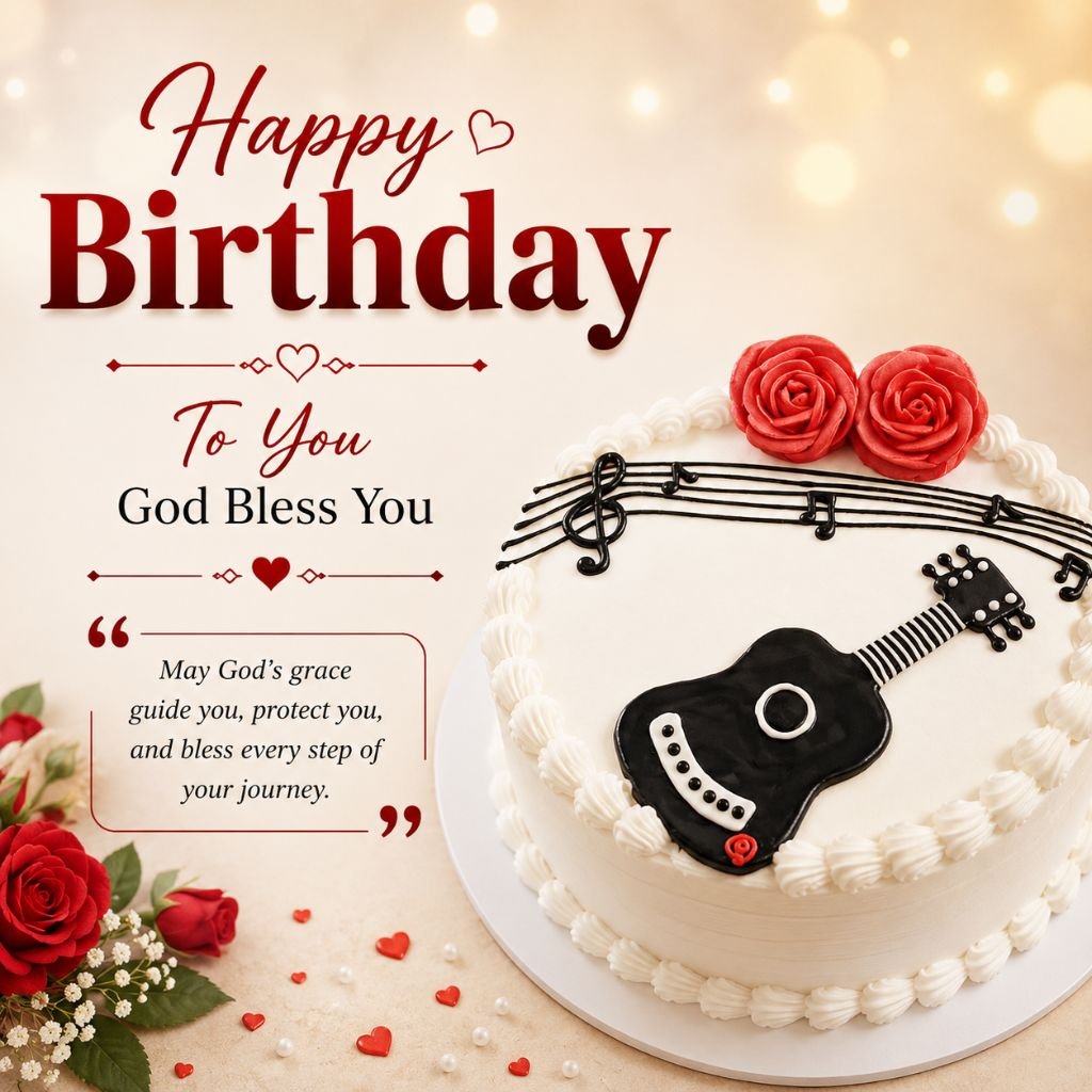 guitar cake image with birthday blessings