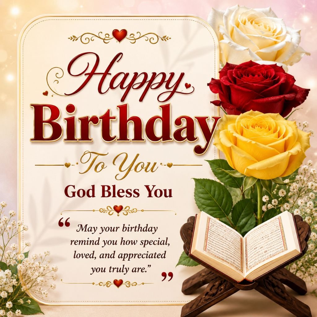 happy birthday god bless you image with roses and holy book