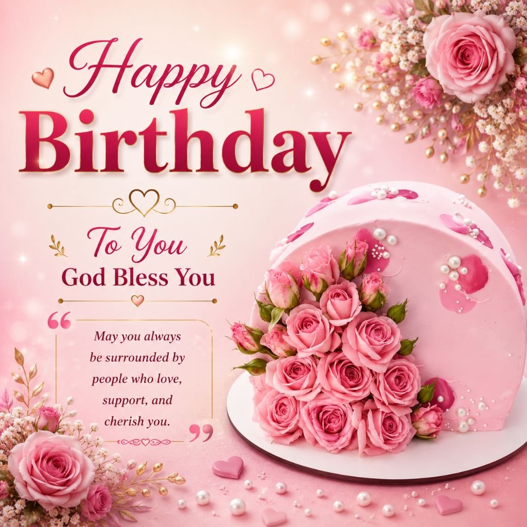 happy birthday pink rose cake image with wishes