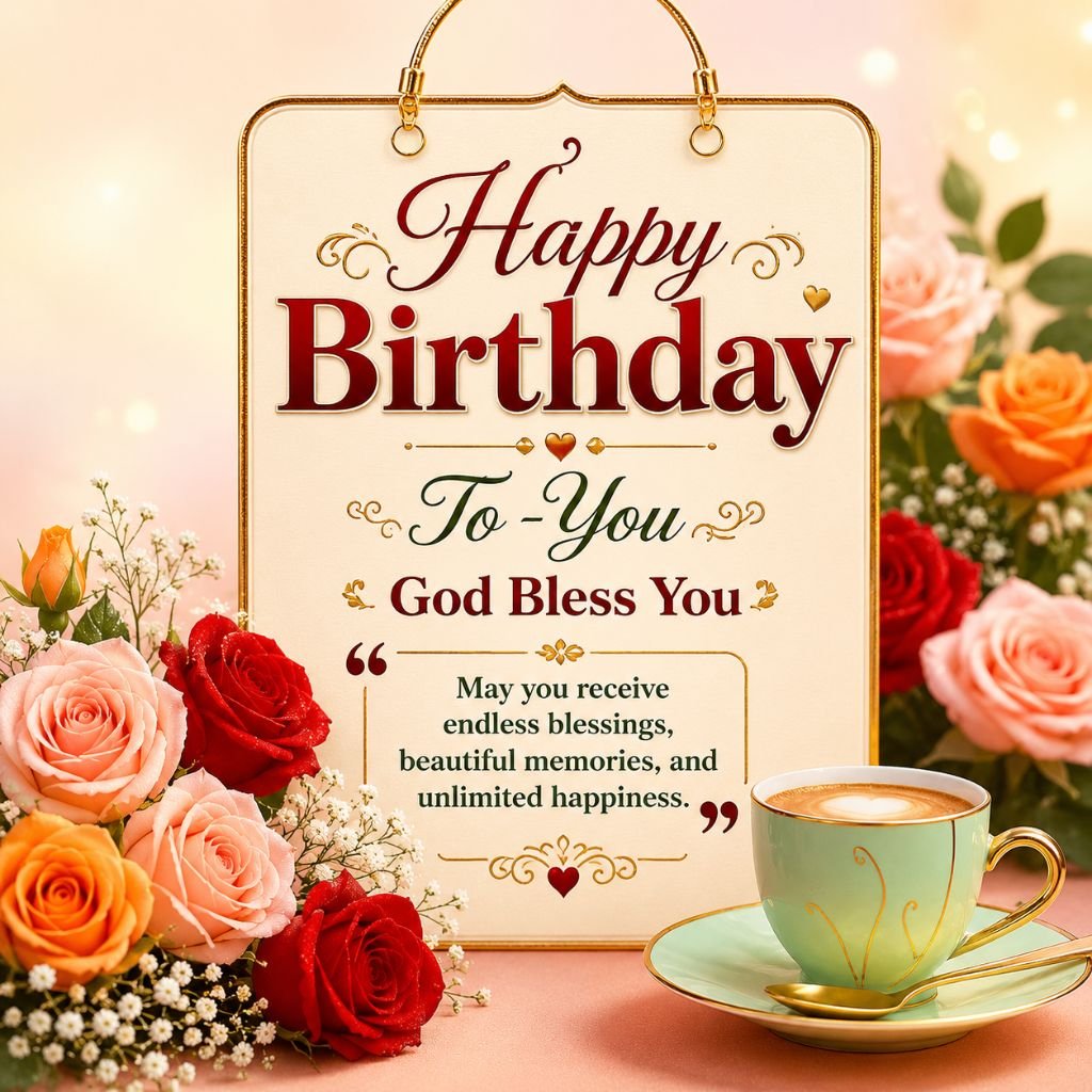 happy birthday rose and coffee greeting card