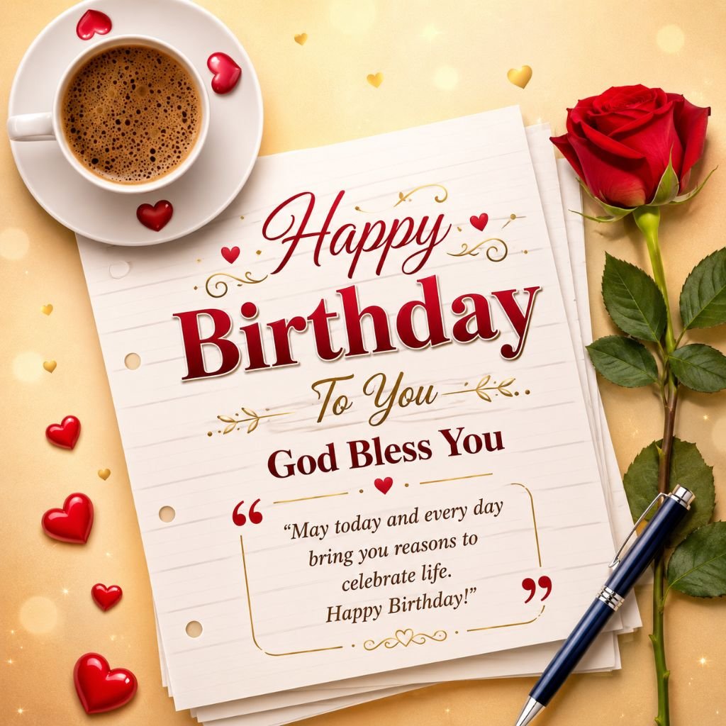 happy birthday wishes card with rose and coffee