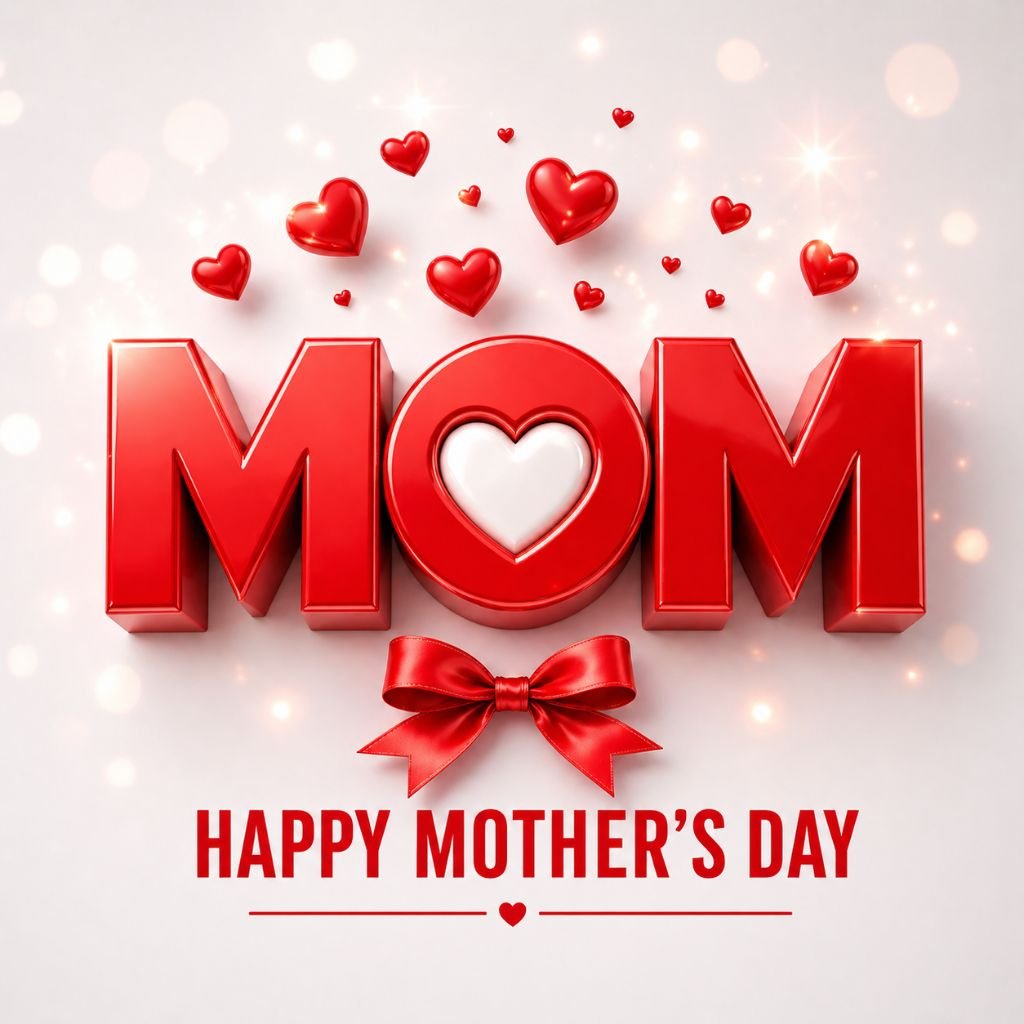happy mothers day MOM typography with red hearts and ribbon bow