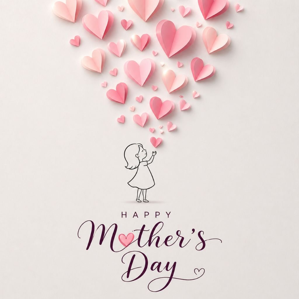 happy mothers day card with floating pink hearts