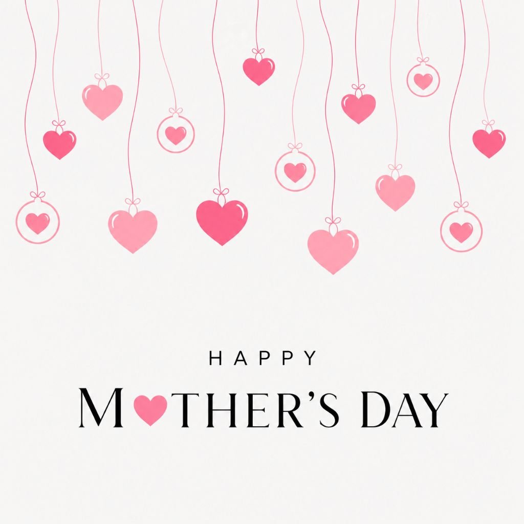 happy mothers day card with hanging pink hearts