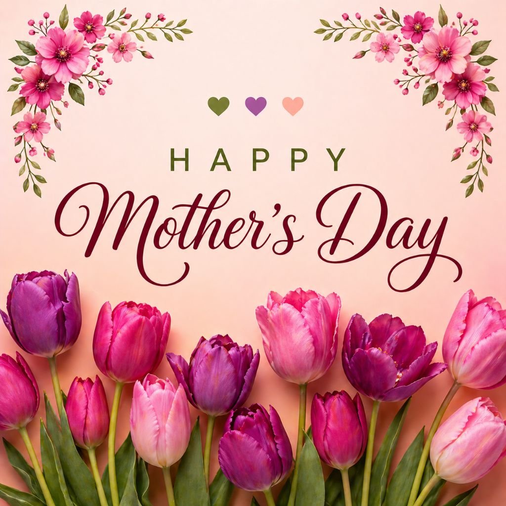 happy mothers day floral card with pink tulips and elegant typography