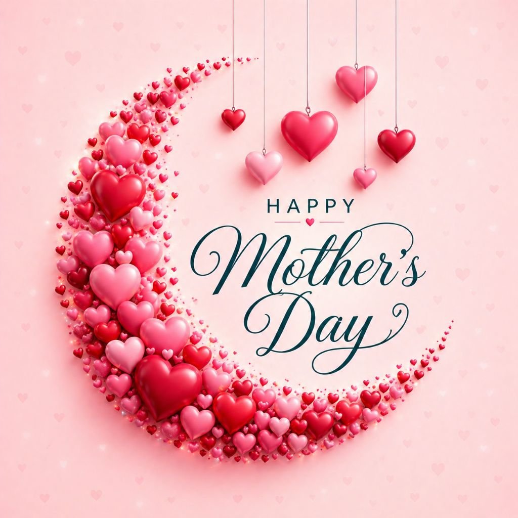 happy mothers day heart moon design with hanging hearts and pink background