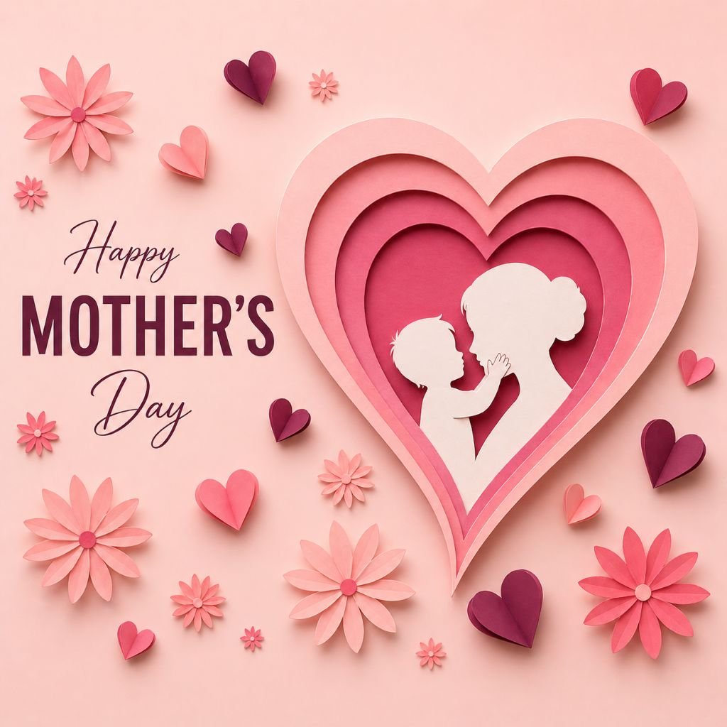 happy mothers day paper cut heart design with mother and child silhouette