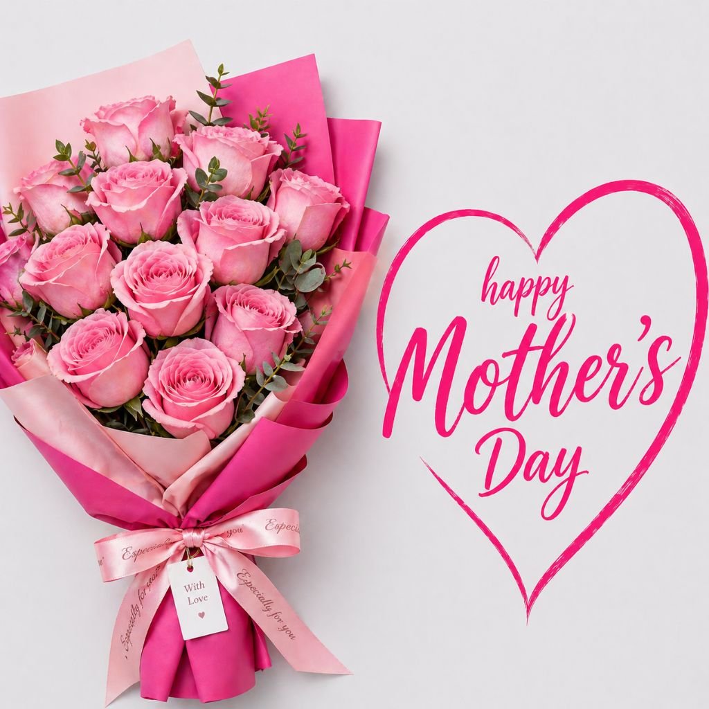 happy mothers day pink rose bouquet with heart