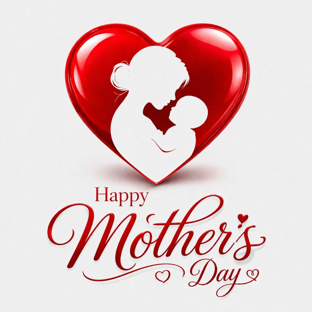happy mothers day red heart with mother and baby silhouette