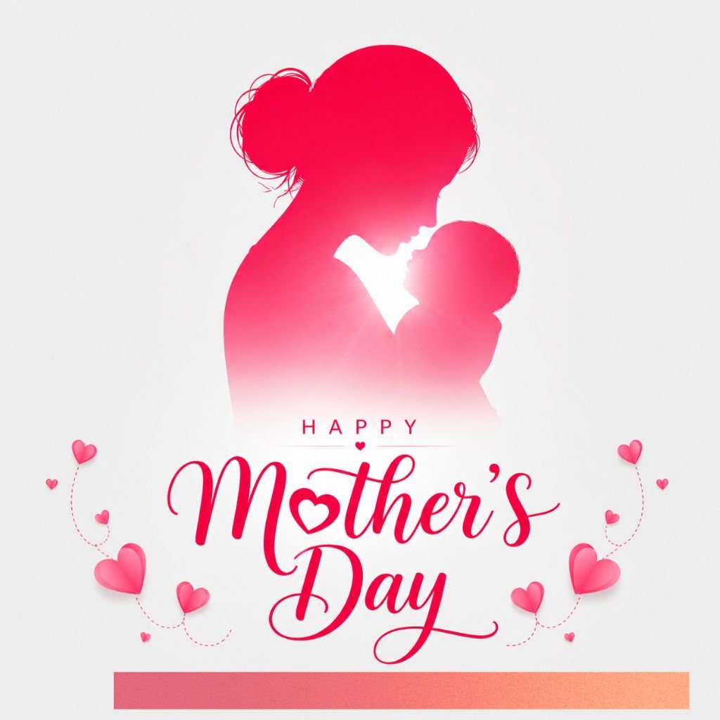 happy mothers day silhouette of mother and baby with pink love theme