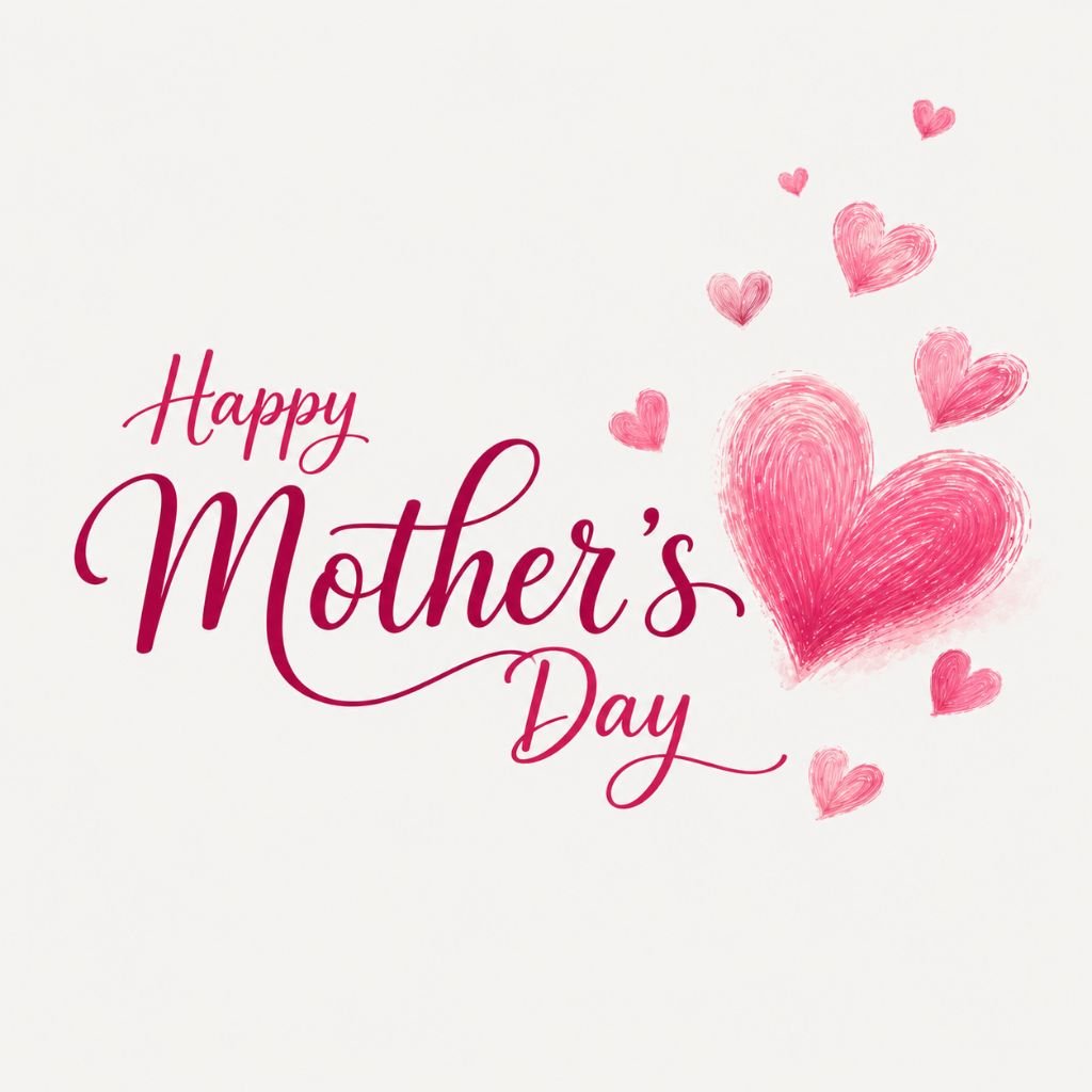 happy mothers day typography with pink hand-drawn hearts