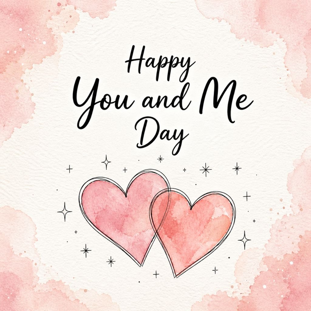 happy you and me day card with watercolor hearts