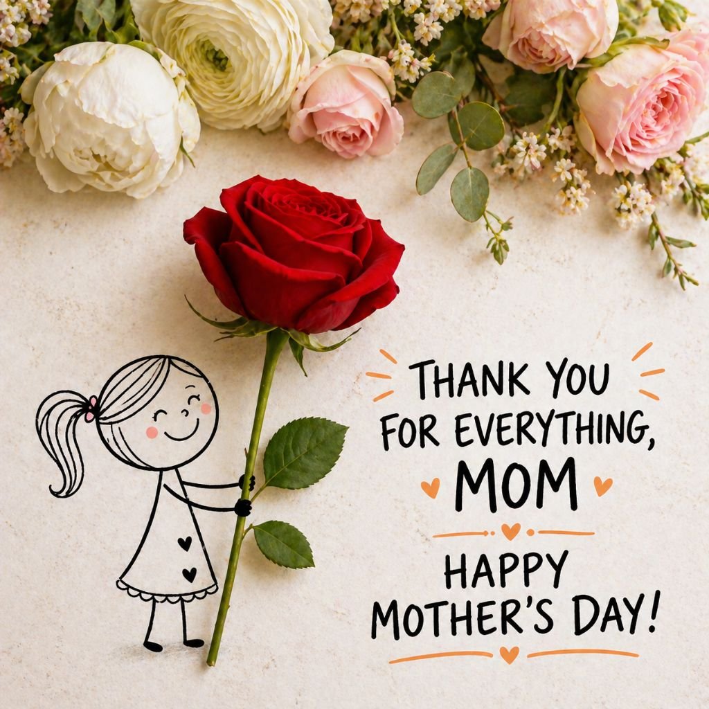 heartfelt mother’s day greeting card with red rose