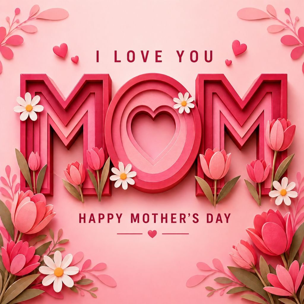 i love you mom mothers day card with 3D typography and floral design
