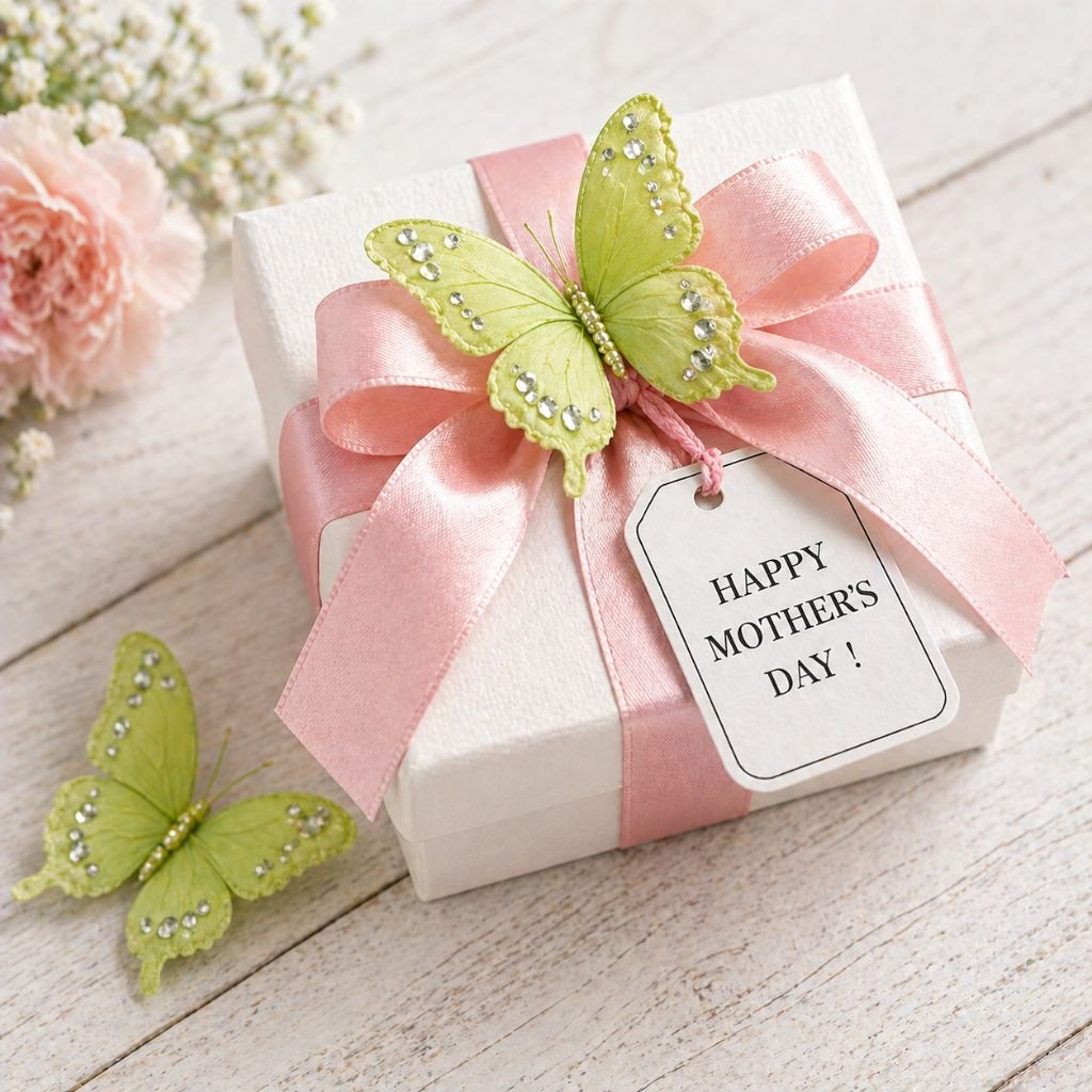 mothers day gift box with pink ribbon and butterfly decoration