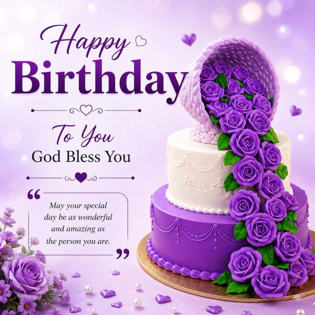 purple rose cake image with birthday blessings