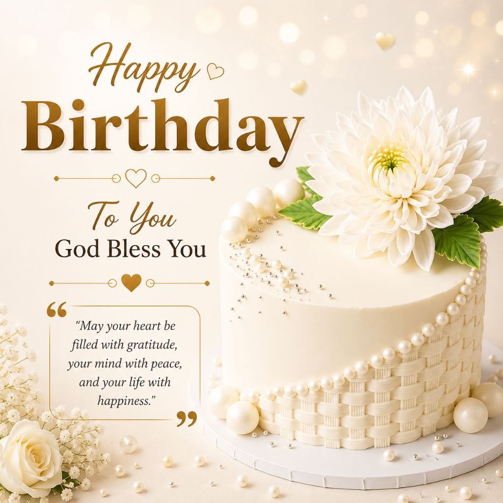 white floral cake image with birthday blessings