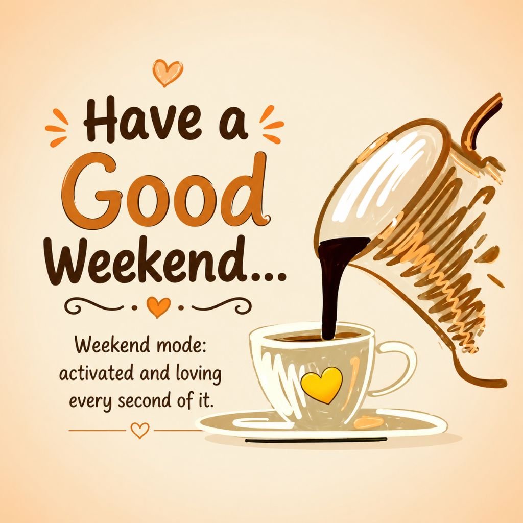 Coffee being poured into a heart-themed cup Have a Good Weekend message