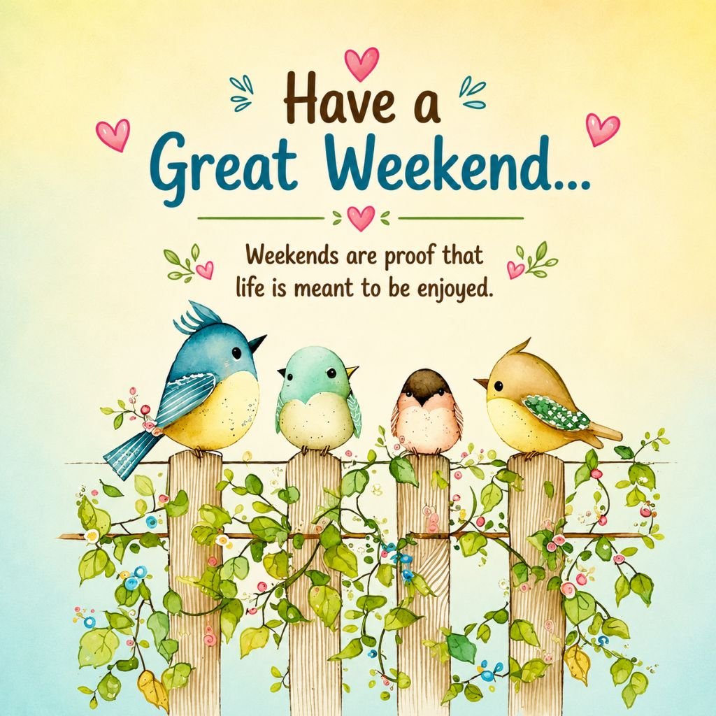Colorful birds perched on a flower Have a Great Weekend quote