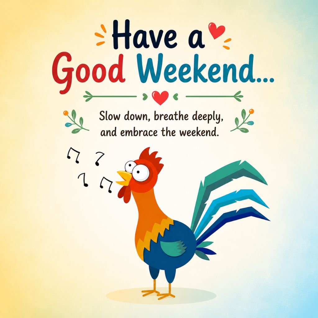 Colorful cartoon rooster singing Have a Good Weekend quote