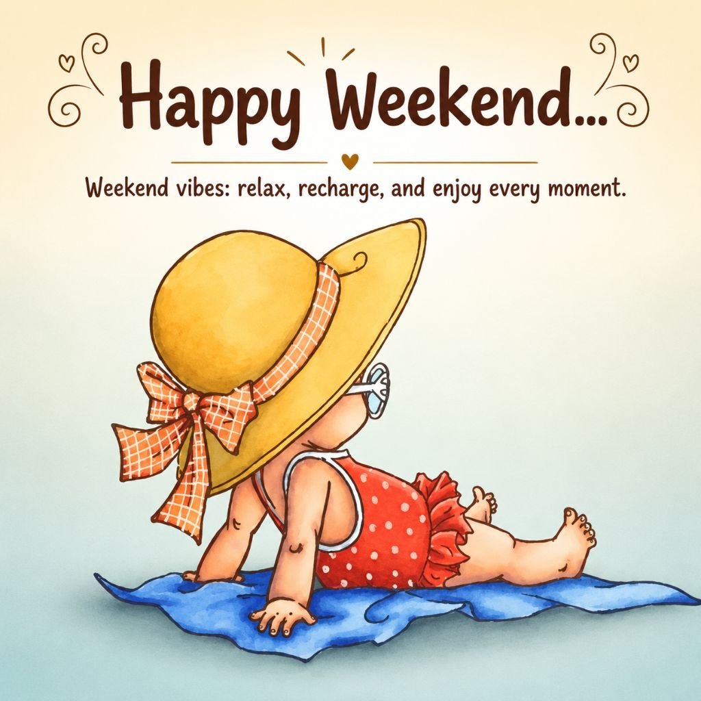 Cute baby in a red polka-dot swimsuit happy weekend image