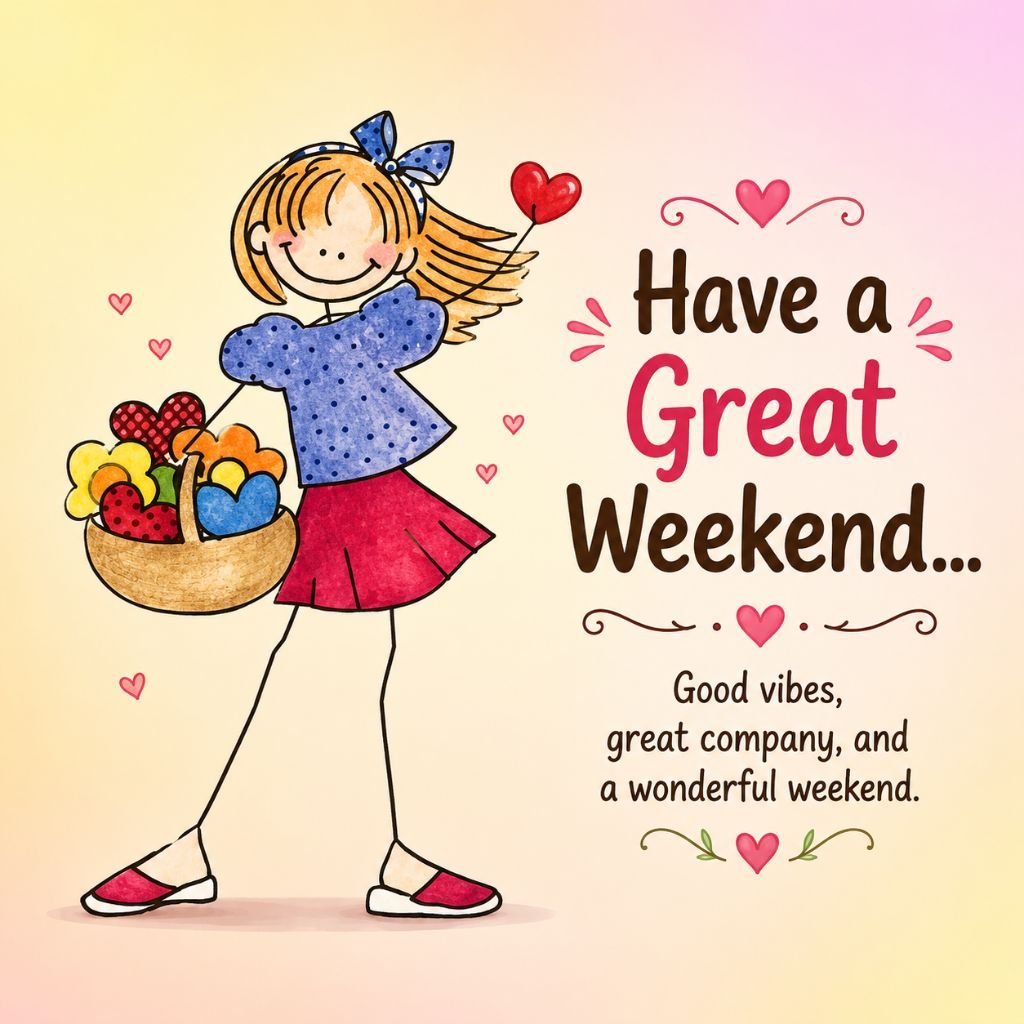 Cute cartoon girl carrying a basket Have a Great Weekend message