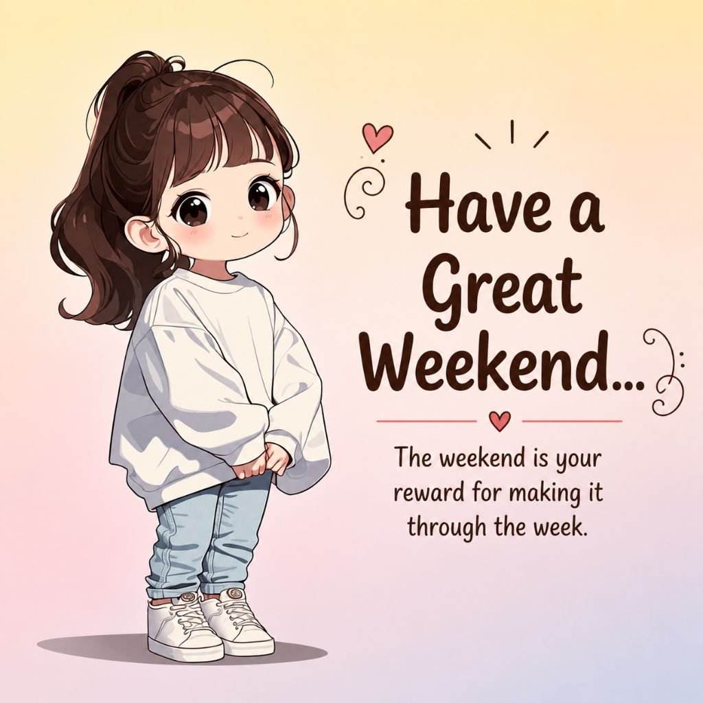 Cute cartoon girl with big eyes have a great weekend image