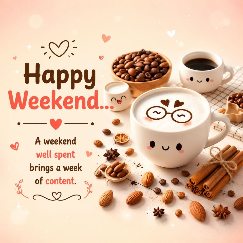 Cute coffee cups with smiling faces and a Happy Weekend message
