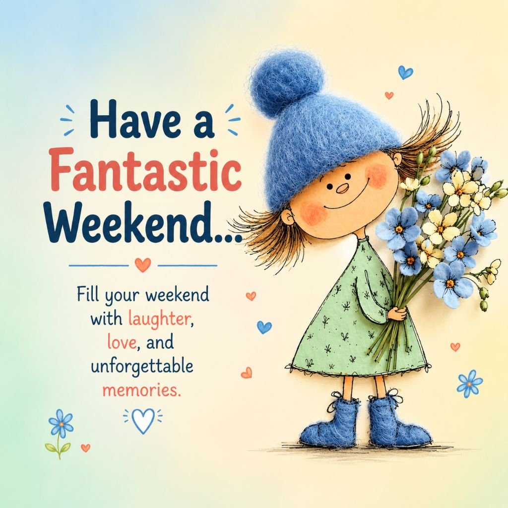 Cute girl in a blue knitted hat Have a Fantastic Weekend message
