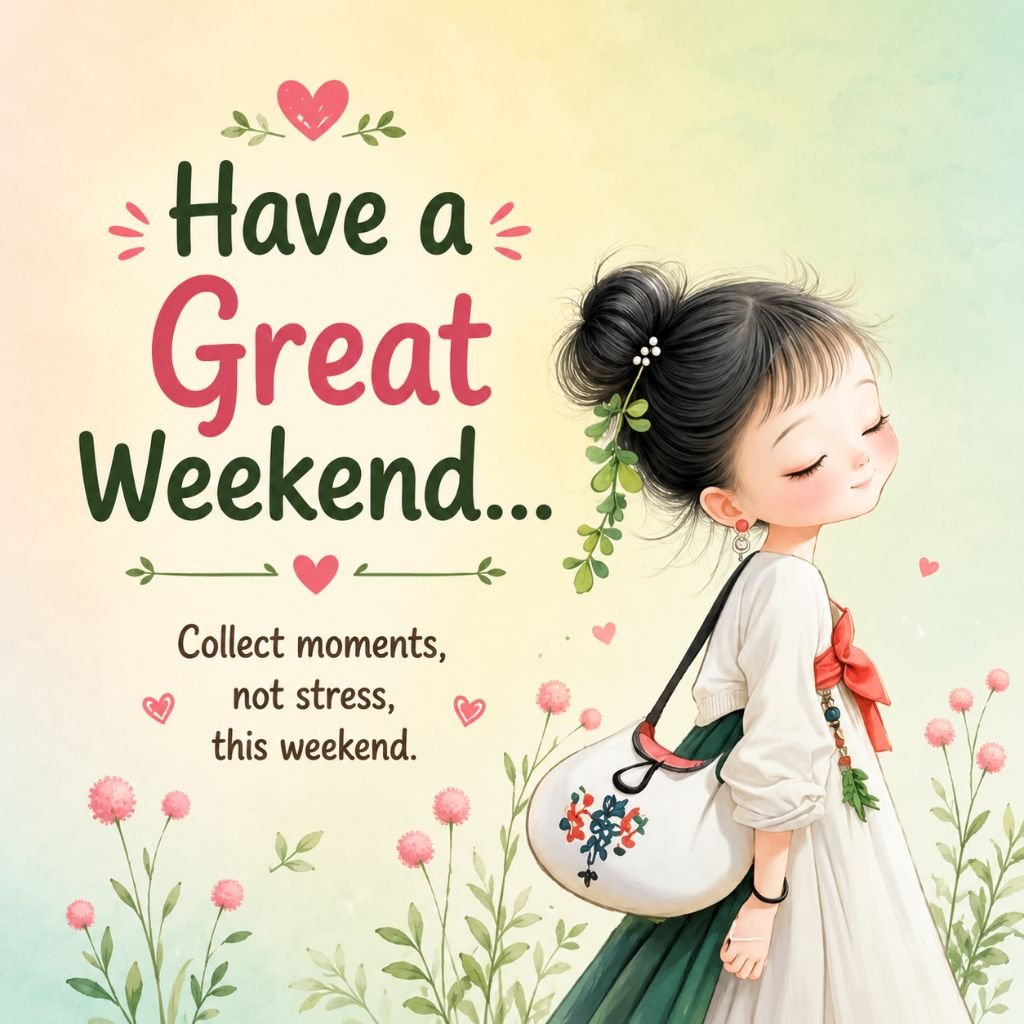Cute girl in a green dress Have a Great Weekend quote